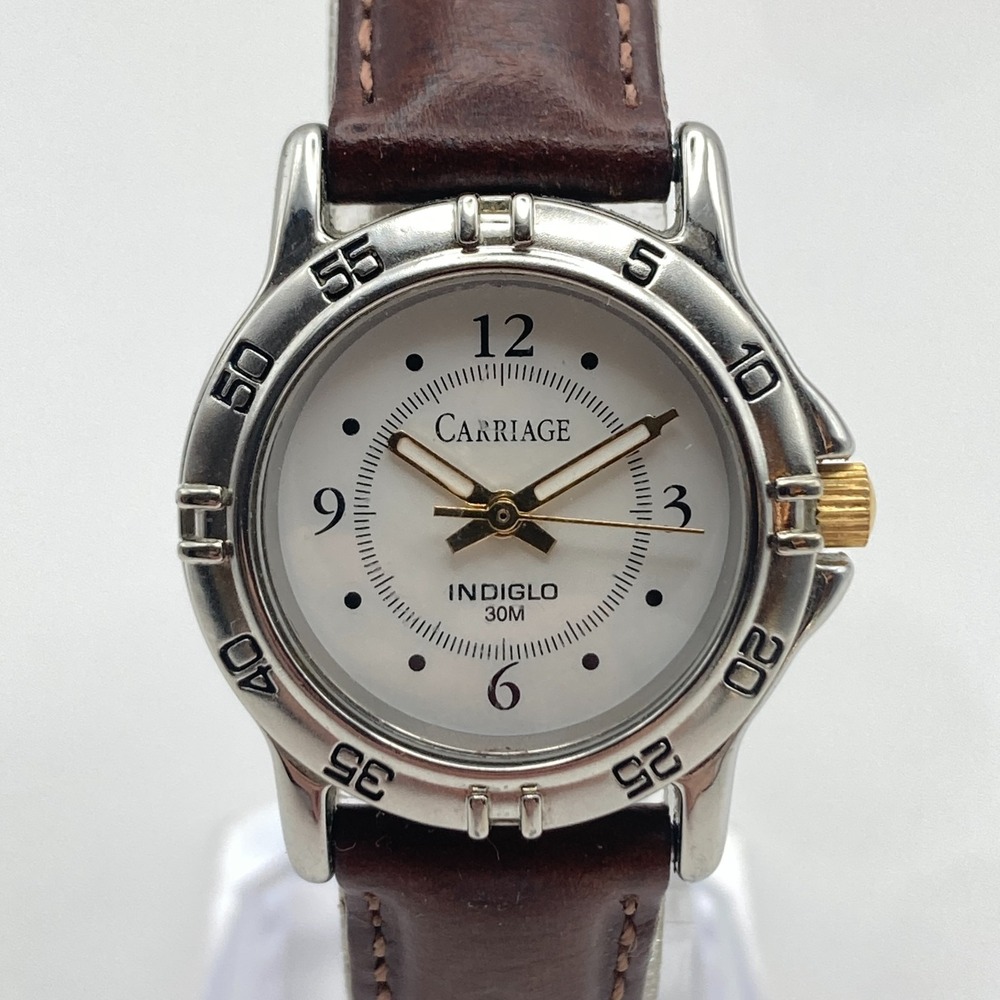 Timex Carriage Womens Watch 26mm Silver Gold Tone Indiglo 30M New Battery 7.5"